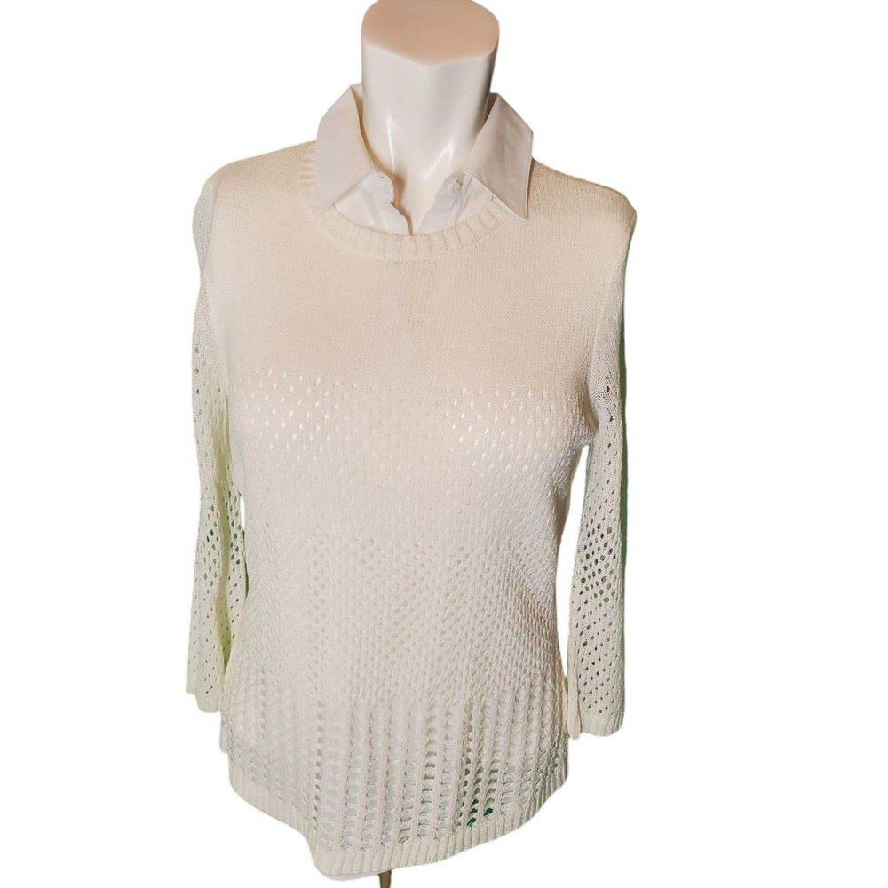 Renuar Beige Pointelle Sweater Layered With Collar Sz S NEW $118